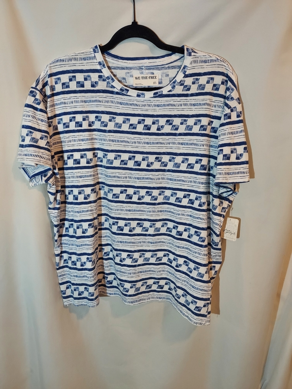 Free People Nina Printed Tee Blue White Geometric Boho Stripe - XS